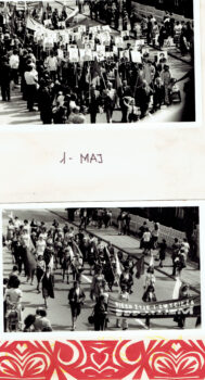 Karta z Kroniki z dwoma zdjęciami przedstawiąjacymi pochód.