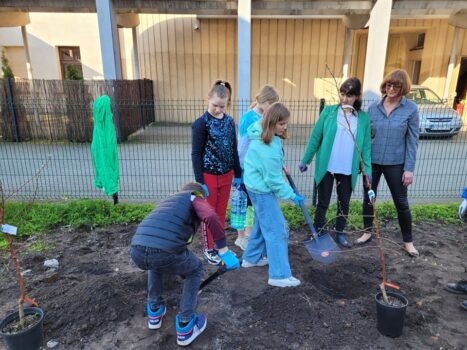 Dzieci sadzą drzewka.