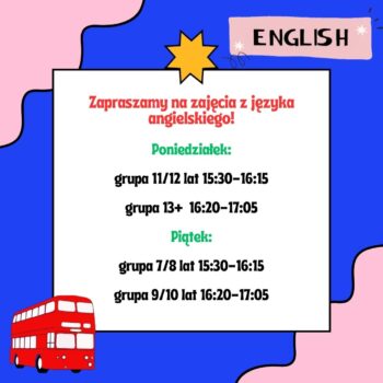 Plakat informacyjny o terminie zajęć z języka angielskiego.