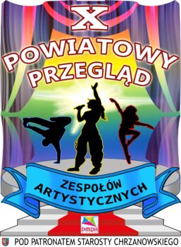 Logo X Powiatowego Przeglądu Zespołów Artystycznych. Logo przedstawia scenę z kurtyną a na scenie postacie - tancerz, tancerka i solistka.