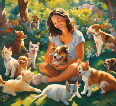 Piękny, kolorowy obrazek przedstawiający roześmianą dziewczynę w otoczeniu psów i kotów.
