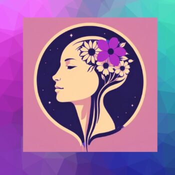 Na pięknym, różowo-niebieskim tyle grafika przedstawiająca głowę widzianą z profilu, a w głowie kwiaty. Jets to logo Powiatowego Forum zdrowia Psychicznego.