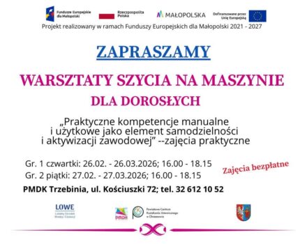 Plakat reklamujący warsztaty szycia na maszynie dla dorosłych w ramach projektu LOWE.