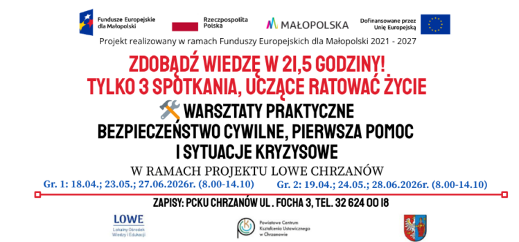 Baner reklamujący warsztaty praktyczne z pierwszej pomocy w ramach projektu LOWE Chrzanów.